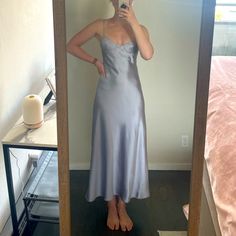 Zara Silver Satin Midi/Maxi With Strap Back Detail In Size Xs - Nwt. Perfect Wedding Guest Dress Silver Wedding Guest Dress, Zara Silk Dress, Silver Silk Dress, Grey Satin Dress, Zara Satin Dress, Gray Formal Dress, Perfect Wedding Guest Dress, Grad Dresses, Silk Midi Dress