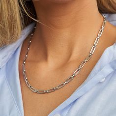 PRODUCT DETAILS Water resistant 💧 Brass White Rhodium Gold Filled Chain Hypoallergenic Nickel Free Size:16'' in length + 3" Extender - 5mm width. DESIGNER NOTE A minimalist masterpiece that blends contemporary design with timeless elegance. STYLE TIP: Elevate your everyday look by pairing this chain with other delicate chains of varying lengths, allowing you to achieve a trendy and personalized layering style. Modern Silver Necklace With Rectangular Links, Modern Silver Chain Necklace With Adjustable Chain, Modern Silver Cable Chain Necklace, Modern Silver Paperclip Jewelry, Modern Silver Paperclip Chain Jewelry, Modern Silver Chain Necklace For Everyday, Modern Silver Chain Necklace With Rectangular Links, Silver Stainless Steel Paperclip Chain Necklace, Modern Stainless Steel Necklace With Paperclip Chain