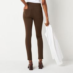 These St. John's Bay women's pull-on pants are stylish, versatile, and flatter the figure, making them a must-have piece for your rotation. They're made from ponte fabric with a skinny-fit, a flat front, an elastic-waist, and two back pockets. Style them with a flowy blouse and chunky heels. Front Style: Flat FrontClosure Type: Full ElasticFit: Skinny FitPockets: 2 Back Patch PocketRise: At WaistBase Material: 70% Rayon, 25% Nylon, 5% SpandexFiber Content: 70% Rayon, 25% Nylon, 5% SpandexFabric… Pants Brown, Flowy Blouse, Pull On Pants, Chunky Heels, Must Haves, Elastic Waist, Pants, Fabric, Trousers