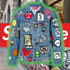 Grail Alert2018 Supreme Patches Denim Trucker Jacket Super Rare % Authentic Grail Alert Ss18 5/17/2018 Streetwear Official Supreme Streetwear Official Carries The Latest And Greatest From The Hottest Independent Streetwear Brand Out Carrying Streetwear Styles From The Latest Hip Hop Collaborators In The Game All Cotton Denim With Button Front Closure And Custom Patches On Front, Back And Sleeves Hand Pockets At Lower Front And Chest Pockets With Button Closures 2018 Supreme Patches Denim Trucker Jacket Unisex Size Med Shoulder Width 48cm /18.9inch Chest Width,Pit To Pit 56cm/22.Inch Sleeve Length 64cm/25.2i Blue Long Sleeve Outerwear With Logo Patch, Spring Streetwear Outerwear With Patches, Long Sleeve Outerwear With Logo Patch For Spring, Trendy Long Sleeve Outerwear With Logo Patch, Urban Patchwork Denim Jacket For Streetwear, Denim Long Sleeve Outerwear With Logo Patch, Blue Winter Outerwear With Logo Patch, Trendy Streetwear Outerwear With Logo Patch, Casual Long Sleeve Denim Jacket With Logo Patch