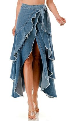 Our denim tiered ruffle skirt are flirty girl approved! Heavy weight denim. 3 buttons on the inside of wrap, tie on the outside. No stretch Upcycled Denim Fashion, Diy Denim Dress, Ruffle Jean Skirt, Denim Ruffle Skirt, Upcycled Items, Denim Wrap Skirt, Jean Purses, Upcycled Jeans, Upcycled Dress