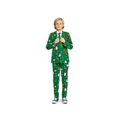 Does your little one want to look cool and stand out this holiday season? Look no further than this boys Festivity green Christmas tree gift-wrap paper print suit set. Does your little one want to look cool and stand out this holiday season? Look no further than this boys Festivity green Christmas tree gift-wrap paper print suit set. FEATURES Set includes: jacket, pants & tie Jacket: button front, long sleeves, 3 functional front pockets (1 inside pocket and 2 outer) Pants: elastic waistband with button and zipper fly closure, 2 side pocketsFABRIC & CARE Polyester Machine wash Imported Size: 10. Gender: male. Age Group: kids. Dress Like Whoville Kids, Green Holiday Sets For Winter, Green Holiday Sets For Winter Season, Green Christmas Holiday Sets, Holiday Green Long Sleeve Sets, Green Winter Holiday Sets, Diy Grinch Outfit Kids, Festive Green Long Sleeve Suit, Diy Grinch Costume For Boys