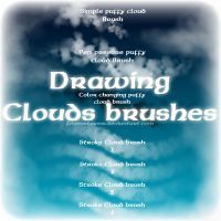 a poster with the words drawing clouds brushes in white and blue on a cloudy background