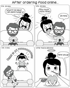 comic strip with two people talking to each other and one person eating food on the couch