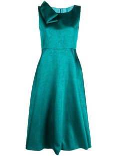 emerald green draped detailing pleat detailing asymmetric design boat neck rear zip fastening sleeveless flared skirt straight hem Green Drapes, Skirt Straight, Asymmetric Neckline, Green Midi Dress, Asymmetrical Design, Flared Skirt, Cocktail Dress Party, Flare Skirt, Tank Dress