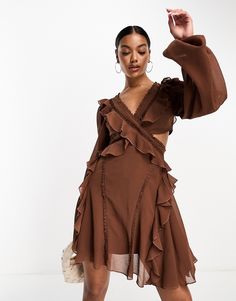 Dresses by ASOS DESIGN Low effort, high reward V-neck Volume sleeves Ruffle trim Regular fit Brown Dresses Outfit, Chocolate Brown Dress, Buy My Clothes, Skater Mini Dress, Brown Mini Dress, Mini Skater Dress, Lace Insert, Dresses To Wear To A Wedding, Brown Dress