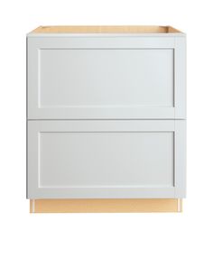 a white cabinet with two drawers on the bottom and one drawer in the middle, against a white background