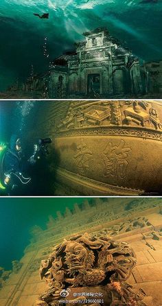 three different images of the underwater world with people swimming in them and on top of it