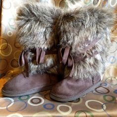 Brand New Never Worn Suede And Faux Fur Boots With Cute Little Wrap Ties, Soft Fuzzy Inside Lining All The Way To The Toes. Ugg Style Boots, Ugg Style, Just Fab Shoes, Faux Fur Boots, Justfab Shoes, Style Boots, Fur Boots, Lace Up Boots, All The Way