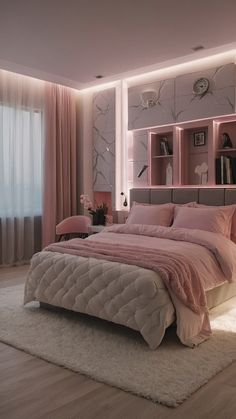 a bedroom with pink and white decor in it