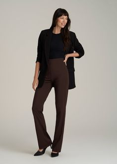 Enjoy High Style Flare Pants for Tall Women Who Dare to Flair Redefine your office chic or evening elegance with our High Rise Pull On Mini Flare Pant. These women's tall pants feature a flare leg that not only adds a retro touch but also flatters and elongates your silhouette, making them perfect for any setting that calls for a dash of sophistication. Whether you’re commanding the boardroom or enjoying a dinner date, these tall women's pants promise poise and praise.• High rise that cinches an Chic Business Casual Pantsuit For Fall, Sleek Business Casual Wide Leg Pantsuit, Chic Elastane Pantsuit With Straight Pants, Elastane Pantsuit For Business Casual, Sleek Full-length Pants For Workwear, Sleek Full Length Workwear Pants, Sleek Wide Leg Workwear Pants Full Length, Wide Leg Solid Pantsuit For Office, Office Wide Leg Solid Pantsuit