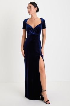 Navy Blue Prom Dress With Sleeves, Jewel Toned Blue Dress, Velvet Navy Blue Dress, Navy Blue Floor Length Dress, Navy Blue Winter Dress, Navy Blue Off The Shoulder Dress, Velvet Navy Bridesmaid Dress, Elegant Fitted Evening Dress With Surplice Neckline, Elegant Evening Dress With Surplice Neckline For Gala