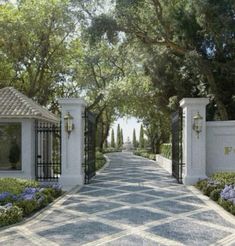 an artist's rendering of a gated driveway with trees and bushes on either side