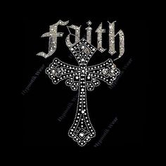 a cross with the word faith written on it in white and surrounded by small diamonds