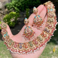 traditional jewelry Navaratna necklace set in gold plated silver Navratna Jewellery, 22k Gold Jewelry Necklaces, Sapphire Beads, Gold Plated Jewellery, 22k Gold Jewelry, Hanging Beads, Pearl Necklace Set, Color Stones, Blue Stones