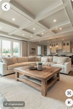 a living room filled with furniture and a wooden table in front of a large window