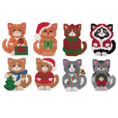 cross stitch christmas cats with presents on their chests and tails, all in different colors