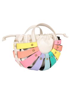 Our Dreamy Rainbow Stripe Bag is just so fun! It’s a colourful style made from PU, featuring pastel coloured tabs which contrast against it’s white body. It’s a bucket bag style that fastens via drawings. It has a matching top handle and includes a removable shoulder strap. Measurements: Length 23cm ,Width 31 cm ,Depth 7 cm ,Strap 132 cm Fabric: 100% Pu , Lining Polyester Cream Bucket Bag With Handle Drop, Spring Bucket Shoulder Bag With Handle Drop, Playful White Bags For Spring, Modern Multicolor Spring Bags, Playful Multicolor Spring Bags, White Bucket Bag With Detachable Strap Satchel, White Bucket Shoulder Bag With Handles, White Bucket Bag With Double Handle And Handle Drop, White Top Handle Bucket Bag With Detachable Strap