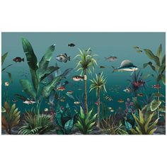 an underwater scene with tropical plants and fish in the water, including palm trees and other aquatic