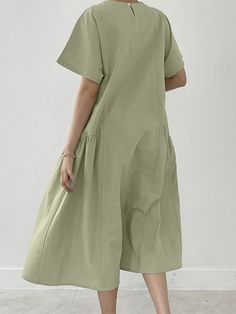 Leisure Solid Ruched Short Sleeve Round Neck Maxi Dress Casual Plain Spring Dress, Casual Solid Color Short Sleeve Midi Dress, Relaxed Fit Midi Dress With Short Sleeves, Casual Solid Color Cotton Midi Dress, Casual Non-stretch Midi Dress With Pockets, Casual Short Sleeve Solid Color Midi Dress, Casual Short Sleeve Plain Midi Dress, Casual Cotton Midi Dress Solid Color, Casual Cotton Midi Dress In Solid Color