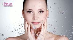 a woman with water splashing on her face and the words how clean is your skin?