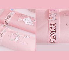 two pink bags with cartoon characters on them and the words beach written in white letters