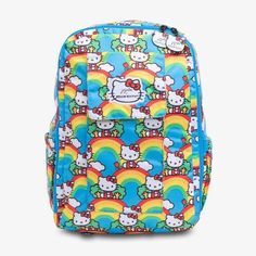 NWT Hello Kitty x JuJuBe Exclusive Mini Be- Hello Rainbow School Bag Backpack Bring sunshine and rainbows wherever you go—hello happiness, and Hello Rainbow! This highly-anticipated JuJuBe x Hello Kitty print shines with a classic HK look and modern, bold colorway. Its cheerful rainbows, refreshing blue skies, and adorable Hello Kitty are sure to brighten any day, and the sunny yellow lining radiates warmth and energy! Beautiful Hello Rainbow is the perfect print for both the young and the young Playful Hello Kitty Print Standard Backpack, Hello Kitty Rectangular Backpack For Back To School, Hello Kitty Print School Backpack, Playful Hello Kitty Travel Bag, Playful Hello Kitty Standard Backpack, Everyday Hello Kitty Backpack, Everyday Multicolor Hello Kitty Backpack, Hello Kitty Backpack For Everyday Use, Playful Hello Kitty Backpack For Everyday Use