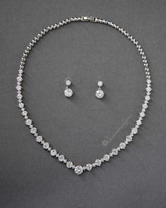 CZ Tennis Necklace and Earring Set White Gold Set Jewelry, Diamond Necklace Earring Set, Silver Diamond Necklace Set, Luxury Tennis Necklace With Diamond Accents For Weddings, Silver Earrings And Necklace Set, Wedding Necklace And Earrings, Silver Necklace And Earring Set, Silver Jewellery For Prom, Earring Necklace Set