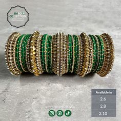 Heavy green bridal bangles with gold detailing, perfect for Indian weddings and parties, a traditional and elegant bangle set Bridal Attire, Bali Earrings, Wedding Costumes, Bridal Bangles, Pakistani Jewelry, Indian Weddings, Bridal Look, Bespoke Jewellery, Bangle Set