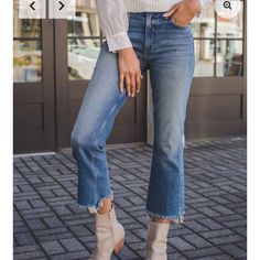 The Callie In 'Prosper' Is A High-Rise Cropped Bootcut Jean Has The Comfort And Ease Of Stretch. The Denim Has Been Washed Down To A Medium-Light Blue With Destructed Hems. 99% Cotton, 1% Elastane Approx: Waist 33” Inseam 26” Rise 11.4” Shoes To Wear With Cropped Jeans, Cropped Jeans With Boots, Leopard Print Jeans, High Rise Bootcut Jeans, Bootcut Jean, Curvy Jeans, Printed Jeans, Boot Cut Denim, Low Rise Jeans