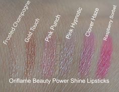 Oriflme Beauty Power Shine lipstick swatches, part 1 Lipstick Quotes, Lipstick Tattoos, Gold Touch, Punch Pink, Shine Lipstick, Pink Punch, Raspberry Sorbet, Dark Lipstick, Natural Lipstick