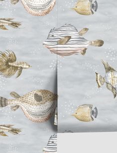 the wallpaper is decorated with fish and waves in grey, gold and white colors