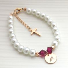 Rose gold baptism bracelet girls christening gift by Gemnotic Baby Girl Baptism Gift, Baptism Bracelet, Real Pearl Bracelet, Charm Bracelets For Girls, Flower Girl Jewelry, Goddaughter Gifts, Catholic Kids, Wedding Bridesmaid Jewelry, First Communion Gifts