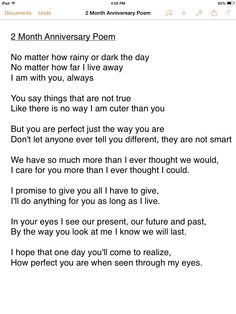 a poem written in two different languages on a white sheet with the words 2 month anniversary poem