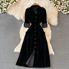 #ad Find ideas and inspiration for Lady French Velvet Dress Maxi V-neck Dress Fit Button Elegant Party Long Dress, Fashion Dresses Dress For Winter Party, Black Western Dress For Women, Long Black Dresses With Sleeves, Velvet Western Dress, Velvet Casual Dress, Black Western Dress, Elegant Winter Dress, Western Long Dresses, Black Velvet Dress Long