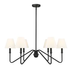 a black chandelier with five lamps hanging from the bottom and four white shades on each