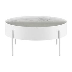 a white coffee table with two legs and a marble top on an isolated surface, viewed from the front