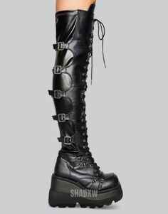 Type: Techwear boots Design: Techwear, Punk, Military Materials: Synthetic leather No box included For women Goth Knee High Platform Boots: Elevate Your Style Literally and Figuratively When it comes to making a bold fashion statement, few items are as instantly iconic as the Goth Knee High Platform Boots. Not only do they elevate your physical stature with their generous platform, but they also raise your style quotient to new, uncharted heights. The knee-high design ensures that your legs are Techwear Boots, High Platform Boots, Boots Design, Knee High Platform Boots, Techwear Outfits, Goth Shoes, Gothic Shoes, Jewelry Chest, Chest Rig