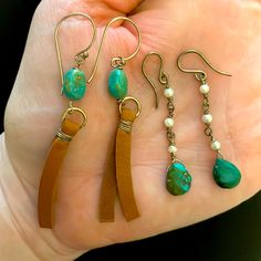 Turquoise Pearl And Leather Handmade Earrings Set. Never Worn Artisan Handmade Turquoise Beaded Earrings, Unique Handmade Turquoise Beaded Earrings, Beaded Leather Earrings, Turquoise Leather Jewelry, Bohemian Everyday Leather Jewelry, Bohemian Leather Jewelry For Everyday, Handmade Turquoise Earrings For Everyday, Adjustable Turquoise Earrings For Everyday, Leather And Turquoise Earrings