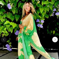 Prety Set Of Soft, Light, Breezy Suit Pants, Not Shiphone, Opaque, With String And Long Shiphone Kimono, Size Xl. Very Comfy, Sexy, Feminine And So Very Vertisile . Large Green Tropical Leaves On Beige Bakground. Comes With Belt. Happy Poshing Green V-neck Beach Sets, Bohemian Green Sets For Spring, Green Wide Leg Sets For Day Out, Bohemian Green Spring Set, Spring Vacation Wide Leg Sets, Tropical Green Vacation Sets, Green Beach Sets With Wide Leg, Green Wide Leg Beach Sets, Green Wide-leg Beach Sets