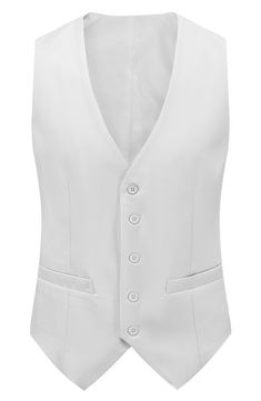 Bring understated elegance to the table in this three-piece suit crafted from rich fabric in a classic single-breasted silhouette. Jacket has notched lapels; chest welt pocket; front flap pockets Vest has front button closure; V-neck Pants have zip fly with button closure; front slant pockets; back button-welt pockets Jacket and vest are lined; trousers are lined to the knee 65% polyester, 35% viscose Dry clean Imported Each suit has a 6” drop, meaning that a size 38R jacket is paired with size White Slim Fit Elegant Three-piece Suit, Elegant White Slim Fit Three-piece Suit, Fitted Three-piece Tuxedo Suit With Pockets, Classic Sleeveless Solid Outerwear, Classic Tailored Tuxedo With Pockets, Elegant Tailored Tuxedo With Pockets, Tailored Elegant Tuxedo, Elegant Tailored Suits With Pockets, Elegant Three-piece Business Suit With Button Closure