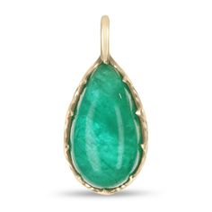 Featured here is a stunning, pear cabochon Colombian emerald pendant in fine 14K yellow gold. Displayed is a deep-green emerald prong-set in a prong setting. The earth mined, green Colombian emerald has an incredible green color with clean clarity considering its whopping size. This is an excellent gift for a May baby or for someone who simply loves emeralds. Total Carat Weight: 16.57cts  Setting Style: Prong Set Setting Material: 14K Yellow Gold  Main Stone:  Emerald Shape: Pear Cut: Cabochon Weight: 16.57cts  Clarity: Translucent  Color: Green Green Luster: Good Treatment: Natural, Oiled  Origin: Colombia  Keep in mind we custom create all of the items listed here. If you have a special request for a custom created item please contact us at 1 800 840 6828. Complimentary Priority Mail shi Fine Jewelry With Cabochon Drop, Fine Jewelry Drop Cabochon, Luxury Teardrop Cabochon Jewelry, Teardrop Emerald Gemstone Necklace For Formal Occasions, Formal Teardrop Emerald Pendant Necklace, Formal Emerald Teardrop Pendant Necklace, Formal Teardrop Emerald Necklace, Pear-shaped Emerald Gemstone Necklace, Classic Teardrop Emerald Jewelry