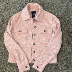 Never Worn! I Bought It But I Just Couldn’t Find Anything To Wear It With. Very Soft Material. Casual Cropped Jacket For Winter Day Out, Preppy Button-up Fall Outerwear, Fall Preppy Button-up Outerwear, Preppy Fitted Winter Outerwear, Preppy Fitted Outerwear With Button Closure, Pink Fitted Cropped Jacket, Casual Style, Pink Tops With Snap Buttons For Fall, Pink Fitted Casual Cropped Jacket, Fitted Preppy Winter Outerwear