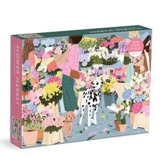 a puzzle box with a woman and her dog standing in front of flower shop filled with flowers