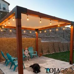 a dog laying on the ground in front of a patio with string lights strung over it