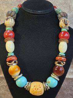 Carved Necklace, Wood Ceramic, Chunky Bead Necklaces, Chunky Beads, Turquoise Glass, African Jewelry, Cool Necklaces, Coldwater Creek, Brown Beige