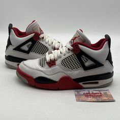 Elevate your sneaker game with these stylish Air Jordan 4 Retro Fire Red sneakers. Crafted with high-quality materials, these sneakers feature a low top shoe shaft style and a comfortable fit, making them perfect for any athletic activity. The sleek white color and iconic Jordan 4 Retro Fire Red silhouette will make you stand out from the crowd. These sneakers are designed for men and come in a US shoe size 6.5. They were released in 2020 and feature the style code DC7770160. The Air Jordan 4 model is part of the popular Air Jordan product line, and these sneakers are perfect for any athletic occasion. Get your hands on these stylish sneakers today! No box Streetwear Basketball Shoes With Contrast Sole And Round Toe, Streetwear Basketball Shoes With Contrast Sole, Lace-up Jordan Shoes With Contrast Sole For Light Sports, High-top Jordan Shoes With Contrast Sole For Sports, Dynamic Jordan Shoes For Streetwear, Lace-up Basketball Shoes With Red Sole For Streetwear, Leather Sneakers With Red Sole For Streetwear, Streetwear Jordan Shoes With Boost Midsole And White Sole, Streetwear Sneakers With Red Sole And Round Toe