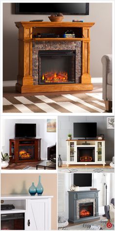 a series of photos showing different fireplaces in various rooms, including one with a television and the other with an entertainment center