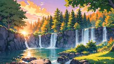 a painting of a waterfall with trees and rocks in the foreground as the sun sets