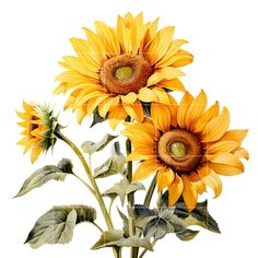 three yellow sunflowers with green leaves on a white background